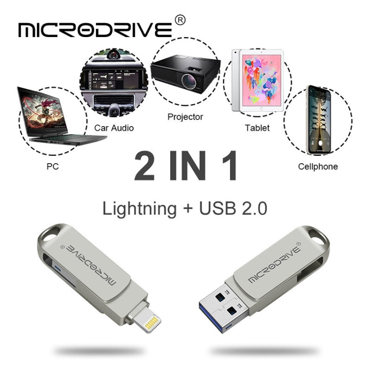 MicroDrive 2 In 1  8 Pin + USB 2.0 Portable Metal USB Flash Disk, Capacity:64GB(Silver) - free shipping - PMC Jewellery - Order now!