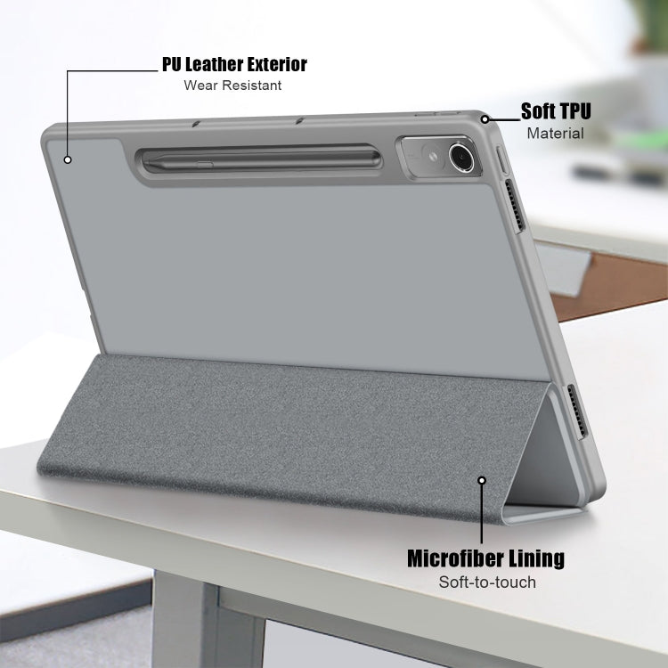 For Lenovo Tab P12 12.7 /P12 Pro 2nd Gen 3-folding TPU Smart Leather Tablet Case(Grey) - Lenovo by PMC TechLife | Online Shopping South Africa | PMC TechLife | Buy Now Pay Later Mobicred