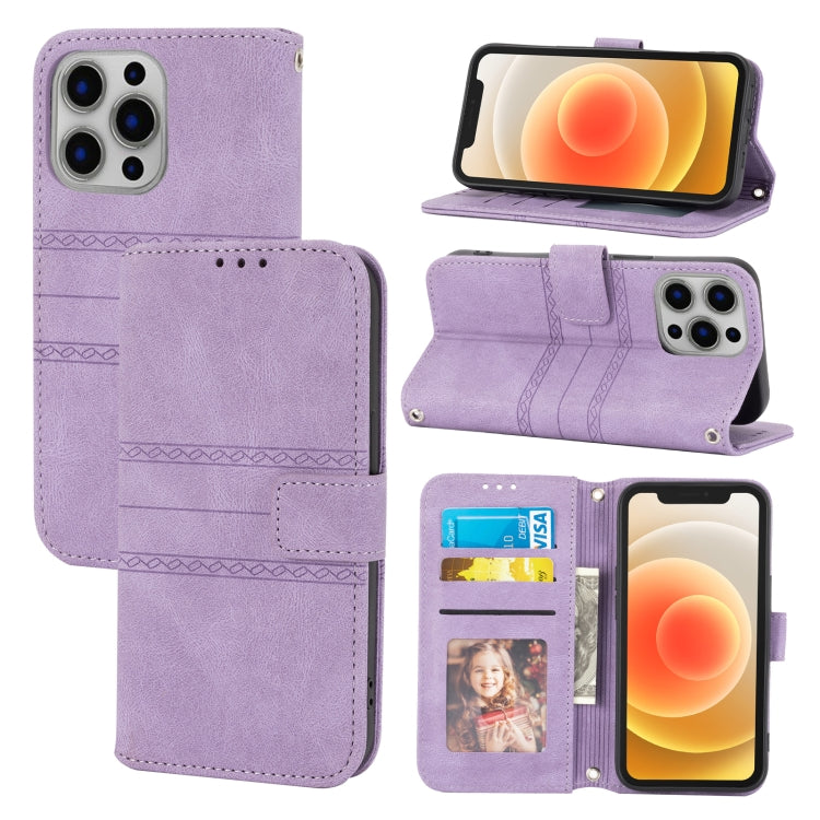For iPhone 16 Pro Embossed Stripes Skin Feel Leather Phone Case(Light Purple) - free shipping - PMC TechLife - Order now!
