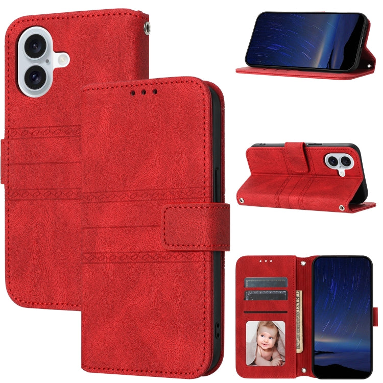 For iPhone 16 Embossed Stripes Skin Feel Leather Phone Case(Red) - iPhone 16 Cases by PMC TechLife | Online Shopping South Africa | PMC TechLife | Buy Now Pay Later Mobicred