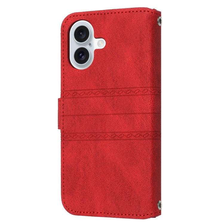 For iPhone 16 Embossed Stripes Skin Feel Leather Phone Case(Red) - iPhone 16 Cases by PMC TechLife | Online Shopping South Africa | PMC TechLife | Buy Now Pay Later Mobicred
