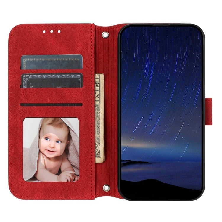 For iPhone 16 Embossed Stripes Skin Feel Leather Phone Case(Red) - iPhone 16 Cases by PMC TechLife | Online Shopping South Africa | PMC TechLife | Buy Now Pay Later Mobicred