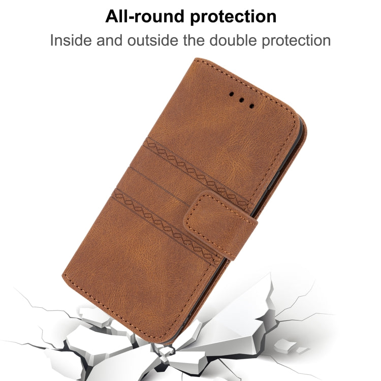 For iPhone 16e Embossed Stripes Skin Feel Leather Phone Case(Brown) - free shipping - PMC TechLife - Order now!