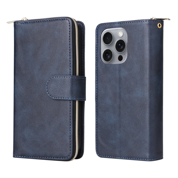 For iPhone 16 Pro Max 9 Card Slots Zipper Wallet Bag Leather Phone Case(Blue) - iPhone 16 Pro Max Cases by PMC TechLife | Online Shopping South Africa | PMC TechLife | Buy Now Pay Later Mobicred