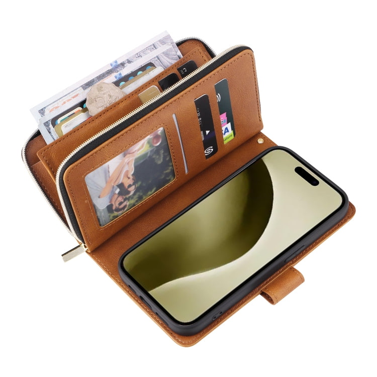For iPhone 16 Pro 9 Card Slots Zipper Wallet Bag Leather Phone Case(Brown) - iPhone 16 Pro Cases by PMC TechLife | Online Shopping South Africa | PMC TechLife | Buy Now Pay Later Mobicred