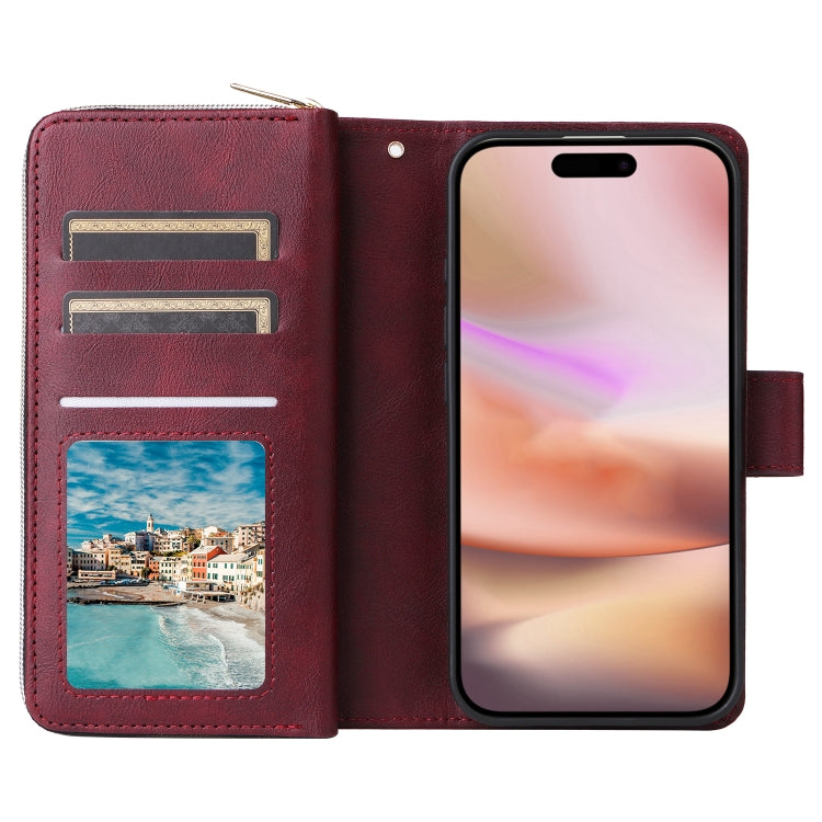 For iPhone 16 Plus 9 Card Slots Zipper Wallet Bag Leather Phone Case(Wine Red) - free shipping - PMC TechLife - Order now!