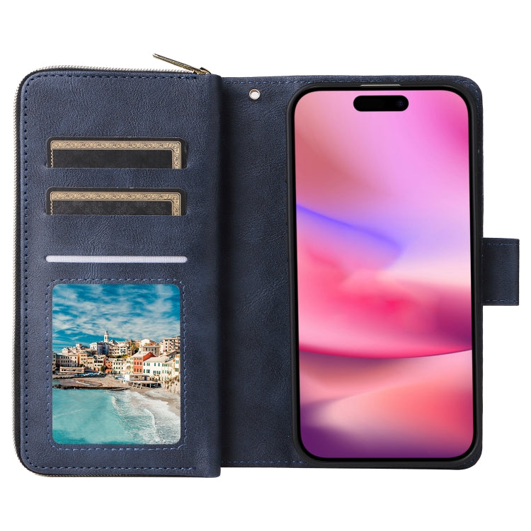 For iPhone 16 9 Card Slots Zipper Wallet Bag Leather Phone Case(Blue) - iPhone 16 Cases by PMC TechLife | Online Shopping South Africa | PMC TechLife | Buy Now Pay Later Mobicred