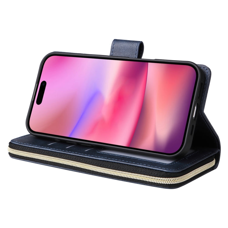 For iPhone 16 9 Card Slots Zipper Wallet Bag Leather Phone Case(Blue) - iPhone 16 Cases by PMC TechLife | Online Shopping South Africa | PMC TechLife | Buy Now Pay Later Mobicred