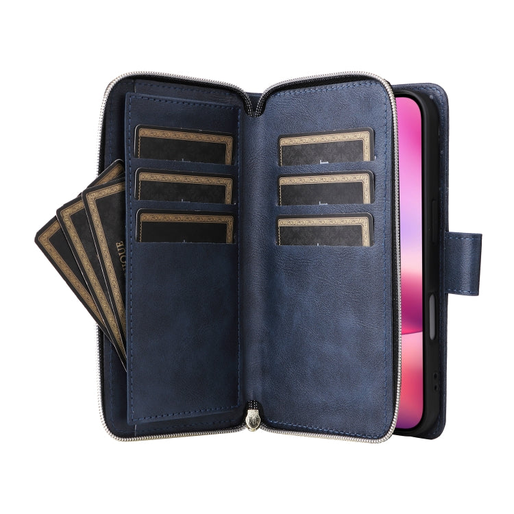 For iPhone 16 9 Card Slots Zipper Wallet Bag Leather Phone Case(Blue) - iPhone 16 Cases by PMC TechLife | Online Shopping South Africa | PMC TechLife | Buy Now Pay Later Mobicred