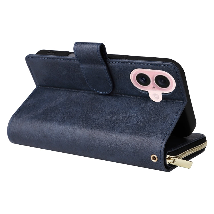 For iPhone 16 9 Card Slots Zipper Wallet Bag Leather Phone Case(Blue) - iPhone 16 Cases by PMC TechLife | Online Shopping South Africa | PMC TechLife | Buy Now Pay Later Mobicred