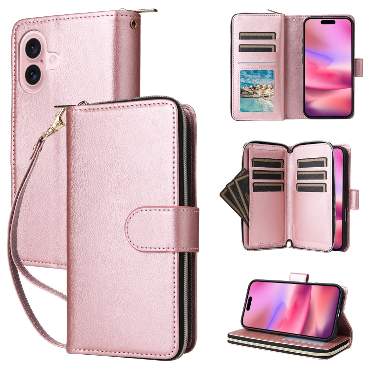 For iPhone 16 9 Card Slots Zipper Wallet Bag Leather Phone Case(Rose Gold) - free shipping - PMC Jewellery - Order now!