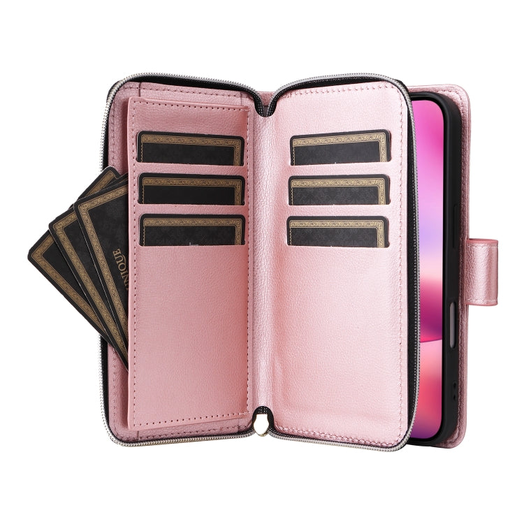 For iPhone 16 9 Card Slots Zipper Wallet Bag Leather Phone Case(Rose Gold) - free shipping - PMC Jewellery - Order now!