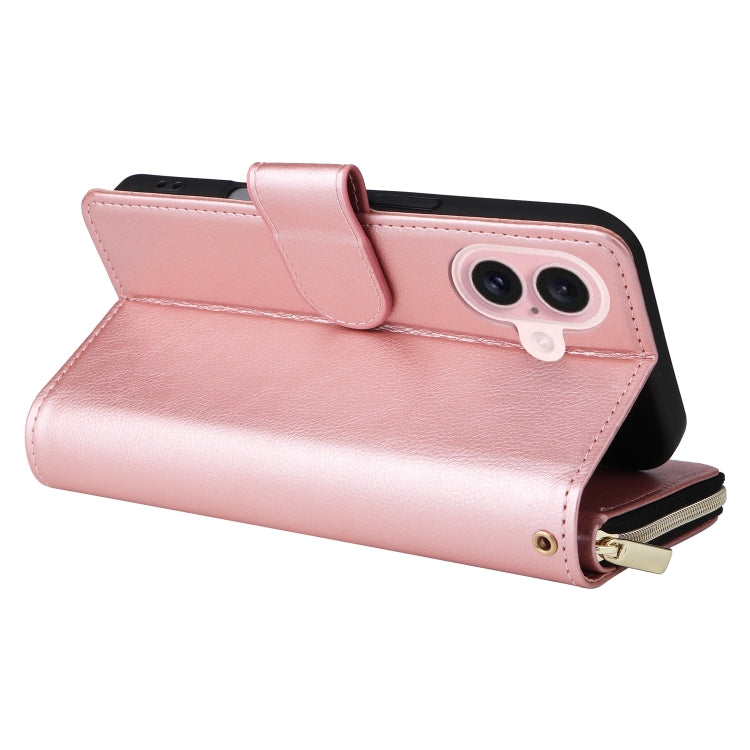 For iPhone 16 9 Card Slots Zipper Wallet Bag Leather Phone Case(Rose Gold) - free shipping - PMC Jewellery - Order now!