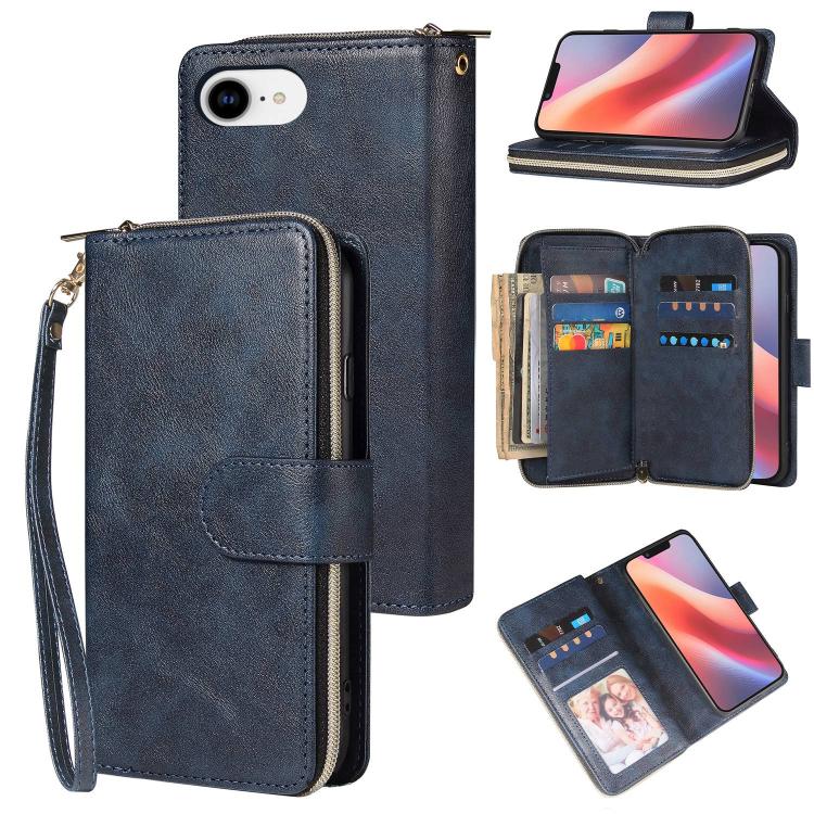 For iPhone 16e 9 Card Slots Zipper Wallet Bag Leather Phone Case(Blue) - iPhone 16e Cases by PMC TechLife | Online Shopping South Africa | PMC TechLife | Buy Now Pay Later Mobicred