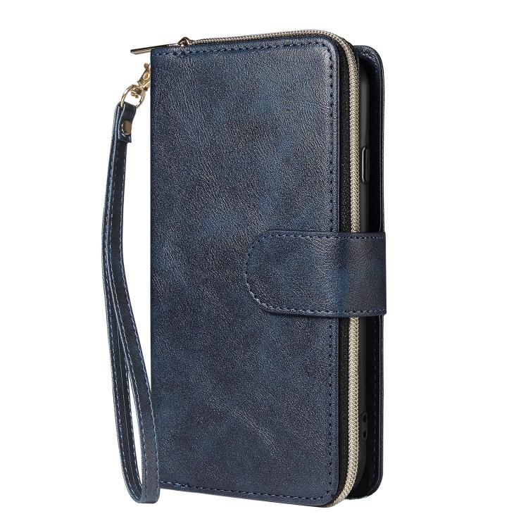 For iPhone 16e 9 Card Slots Zipper Wallet Bag Leather Phone Case(Blue) - iPhone 16e Cases by PMC TechLife | Online Shopping South Africa | PMC TechLife | Buy Now Pay Later Mobicred
