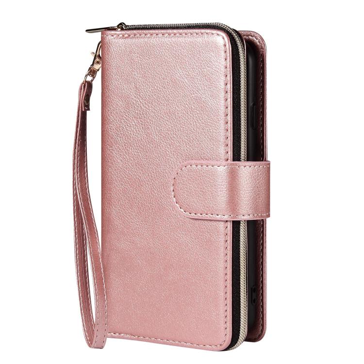 For iPhone 16e 9 Card Slots Zipper Wallet Bag Leather Phone Case(Rose Gold) - iPhone 16e Cases by PMC TechLife | Online Shopping South Africa | PMC TechLife | Buy Now Pay Later Mobicred
