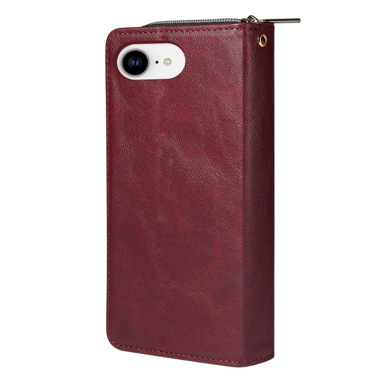 For iPhone 16e 9 Card Slots Zipper Wallet Bag Leather Phone Case(Wine Red) - iPhone 16e Cases by PMC TechLife | Online Shopping South Africa | PMC TechLife | Buy Now Pay Later Mobicred