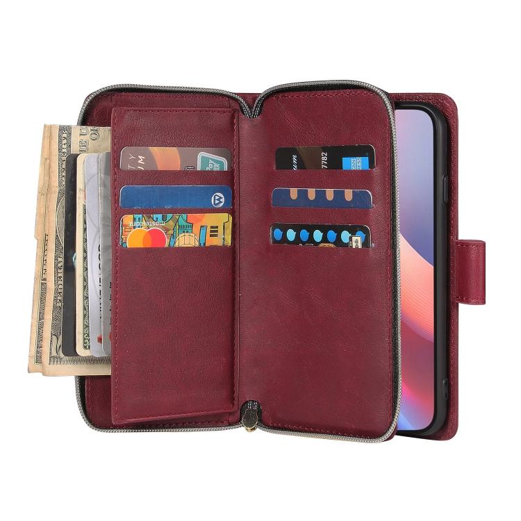 For iPhone 16e 9 Card Slots Zipper Wallet Bag Leather Phone Case(Wine Red) - iPhone 16e Cases by PMC TechLife | Online Shopping South Africa | PMC TechLife | Buy Now Pay Later Mobicred