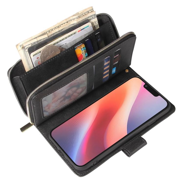 For iPhone 16e 9 Card Slots Zipper Wallet Bag Leather Phone Case(Black) - iPhone 16e Cases by PMC TechLife | Online Shopping South Africa | PMC TechLife | Buy Now Pay Later Mobicred