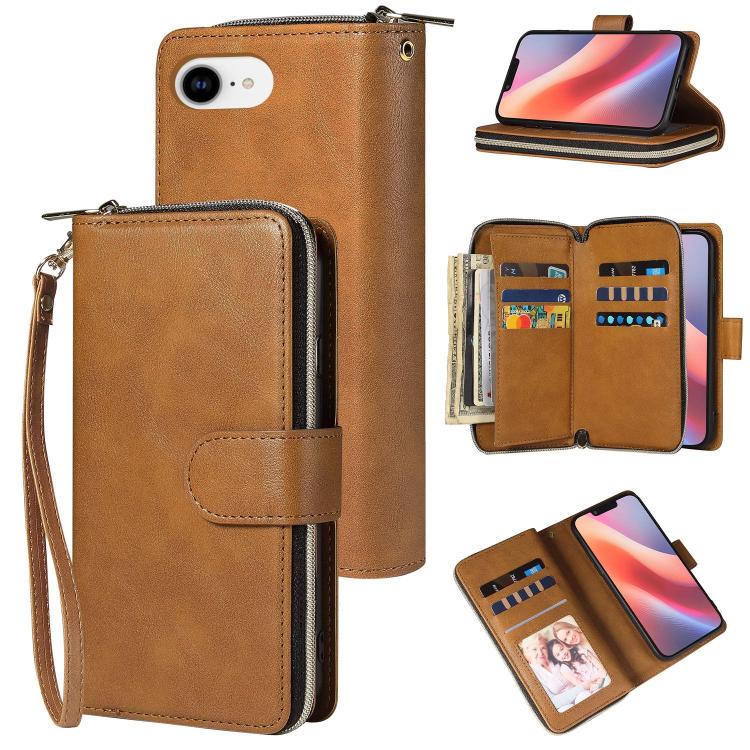 For iPhone 16e 9 Card Slots Zipper Wallet Bag Leather Phone Case(Brown) - iPhone 16e Cases by PMC TechLife | Online Shopping South Africa | PMC TechLife | Buy Now Pay Later Mobicred