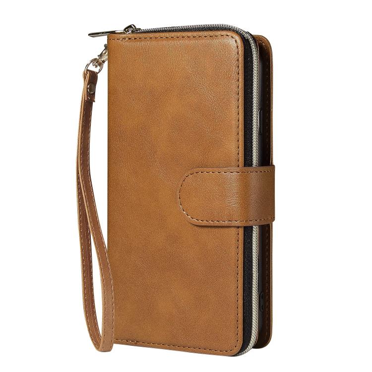 For iPhone 16e 9 Card Slots Zipper Wallet Bag Leather Phone Case(Brown) - iPhone 16e Cases by PMC TechLife | Online Shopping South Africa | PMC TechLife | Buy Now Pay Later Mobicred