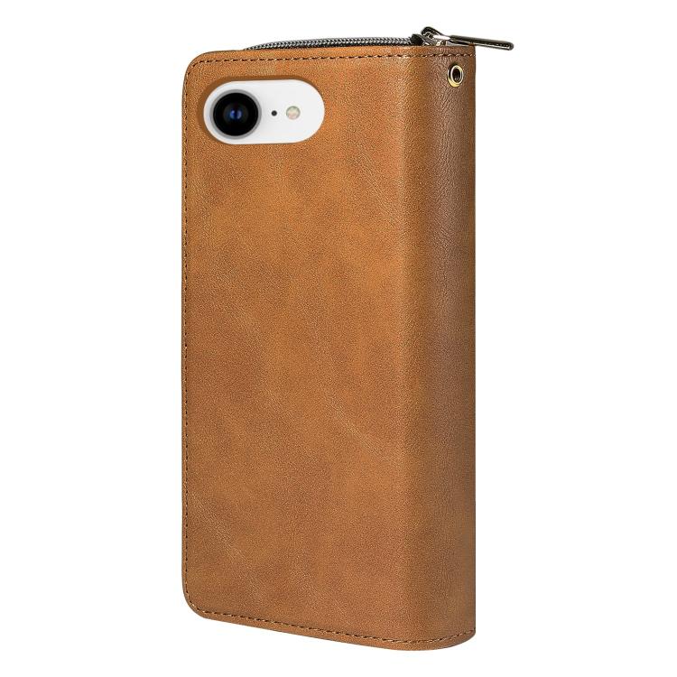 For iPhone 16e 9 Card Slots Zipper Wallet Bag Leather Phone Case(Brown) - iPhone 16e Cases by PMC TechLife | Online Shopping South Africa | PMC TechLife | Buy Now Pay Later Mobicred