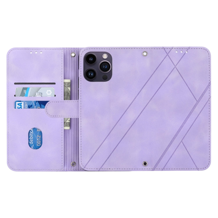 For iPhone 16 Pro Max Embossed Line Leather Phone Case with Lanyard(Purple) - iPhone 16 Pro Max Cases by PMC TechLife | Online Shopping South Africa | PMC TechLife | Buy Now Pay Later Mobicred