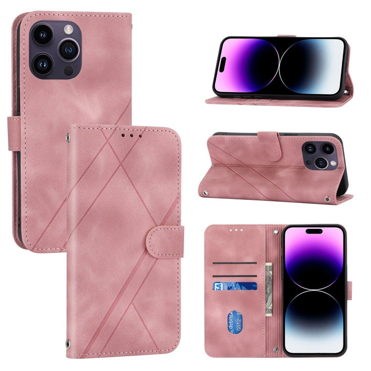 For iPhone 16 Pro Embossed Line Leather Phone Case with Lanyard(Pink) - iPhone 16 Pro Cases by PMC TechLife | Online Shopping South Africa | PMC TechLife | Buy Now Pay Later Mobicred