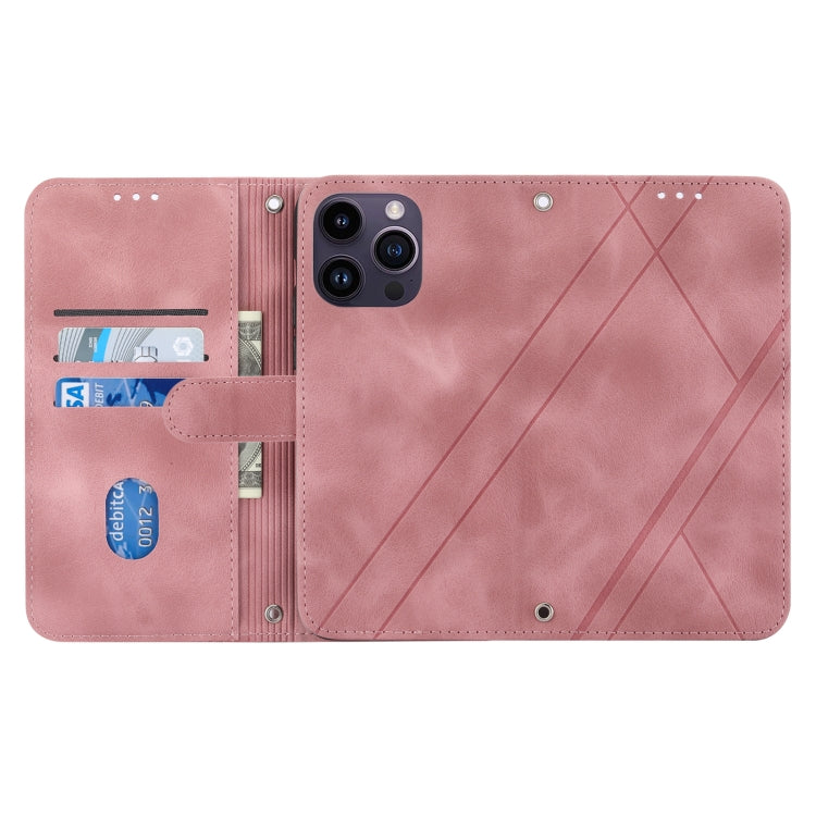 For iPhone 16 Pro Embossed Line Leather Phone Case with Lanyard(Pink) - iPhone 16 Pro Cases by PMC TechLife | Online Shopping South Africa | PMC TechLife | Buy Now Pay Later Mobicred