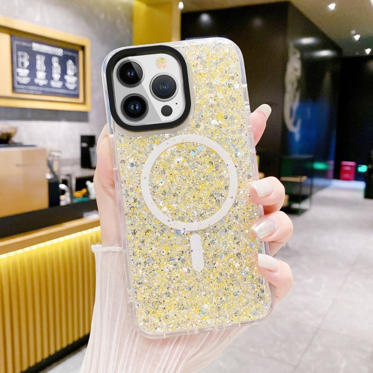For iPhone 15 Gold Armor MagSafe Glitter Epoxy Phone Case(Yellow) - iPhone 15 Cases by PMC TechLife | Online Shopping South Africa | PMC TechLife