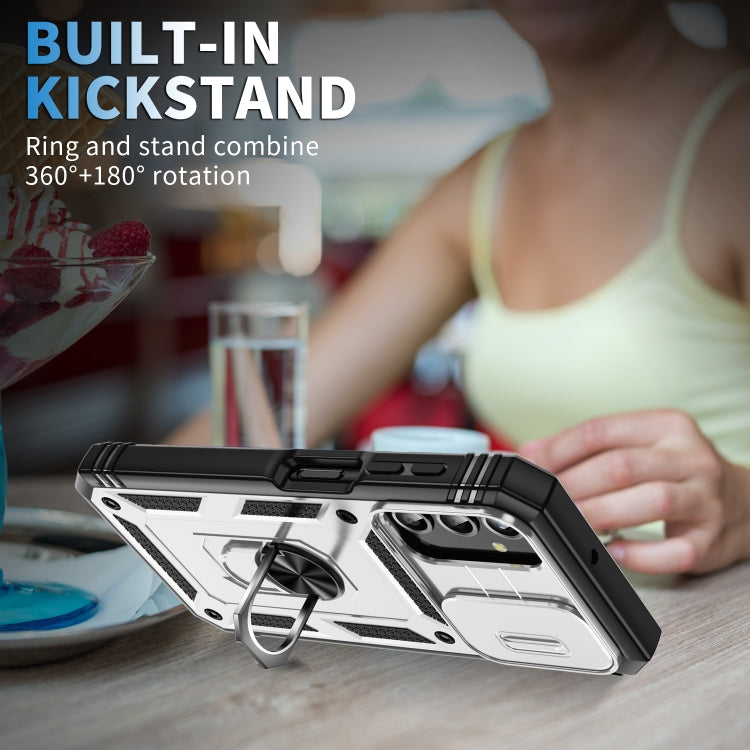 For Samsung Galaxy A25 5G Sliding Camshield TPU + PC Phone Case with Holder(White+Black) - Galaxy Phone Cases by PMC TechLife | Online Shopping South Africa | PMC TechLife