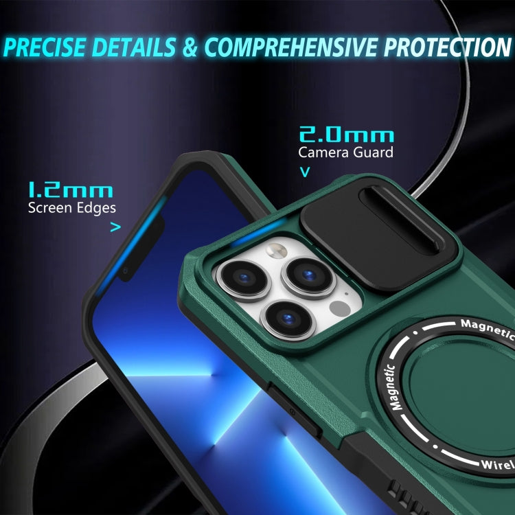 For iPhone 13 Pro Max Sliding Camshield Magsafe Holder TPU Hybrid PC Phone Case(Deep Green) - iPhone 13 Pro Max Cases by PMC TechLife | Online Shopping South Africa | PMC TechLife
