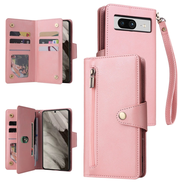 For Google Pixel 8 Rivet Buckle 9 Cards Three Fold Leather Phone Case(Rose Gold) - Google Cases by PMC TechLife | Online Shopping South Africa | PMC TechLife | Buy Now Pay Later Mobicred
