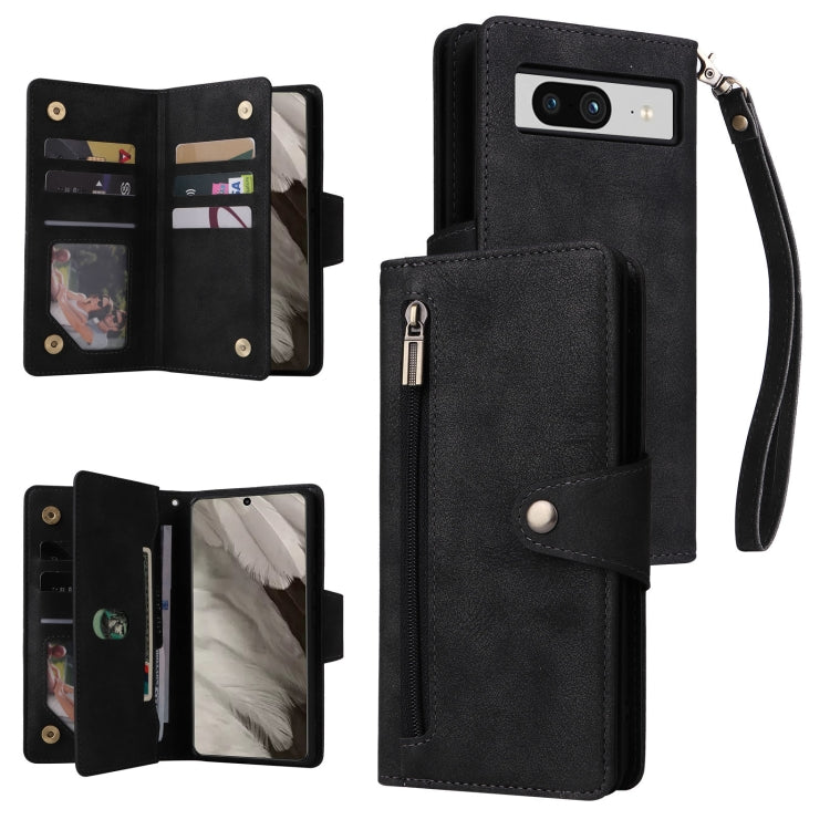 For Google Pixel 8 Rivet Buckle 9 Cards Three Fold Leather Phone Case(Black) - Google Cases by PMC TechLife | Online Shopping South Africa | PMC TechLife | Buy Now Pay Later Mobicred