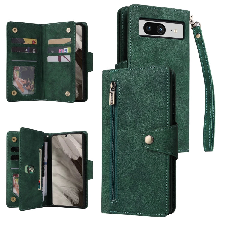 For Google Pixel 8 Rivet Buckle 9 Cards Three Fold Leather Phone Case(Green) - free shipping - PMC TechLife - Order now!