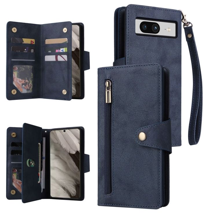 For Google Pixel 8 Rivet Buckle 9 Cards Three Fold Leather Phone Case(Blue) - Google Cases by PMC TechLife | Online Shopping South Africa | PMC TechLife | Buy Now Pay Later Mobicred