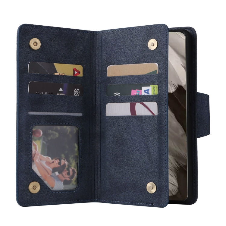For Google Pixel 8 Rivet Buckle 9 Cards Three Fold Leather Phone Case(Blue) - Google Cases by PMC TechLife | Online Shopping South Africa | PMC TechLife | Buy Now Pay Later Mobicred