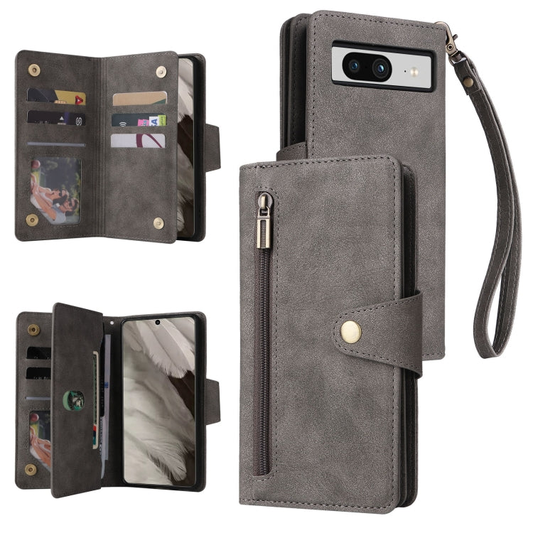 For Google Pixel 8 Rivet Buckle 9 Cards Three Fold Leather Phone Case(Grey) - Google Cases by PMC TechLife | Online Shopping South Africa | PMC TechLife | Buy Now Pay Later Mobicred