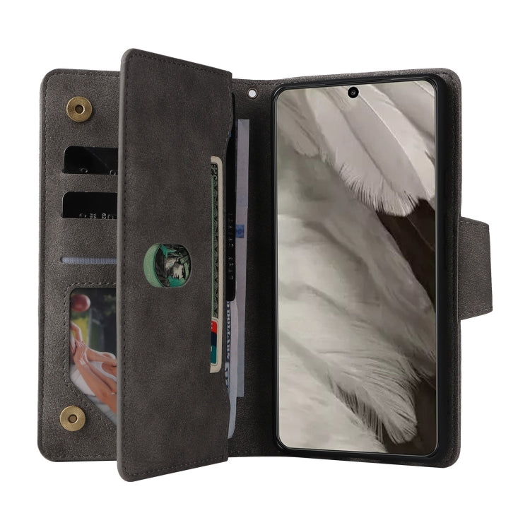 For Google Pixel 8 Rivet Buckle 9 Cards Three Fold Leather Phone Case(Grey) - Google Cases by PMC TechLife | Online Shopping South Africa | PMC TechLife | Buy Now Pay Later Mobicred