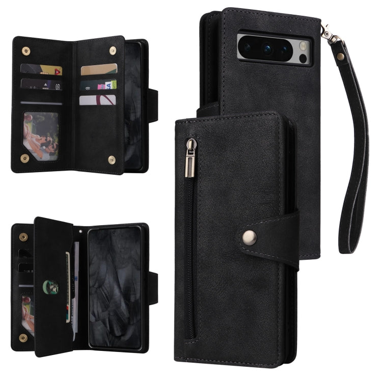 For Google Pixel 8 Pro Rivet Buckle 9 Cards Three Fold Leather Phone Case(Black) - Google Cases by PMC TechLife | Online Shopping South Africa | PMC TechLife | Buy Now Pay Later Mobicred