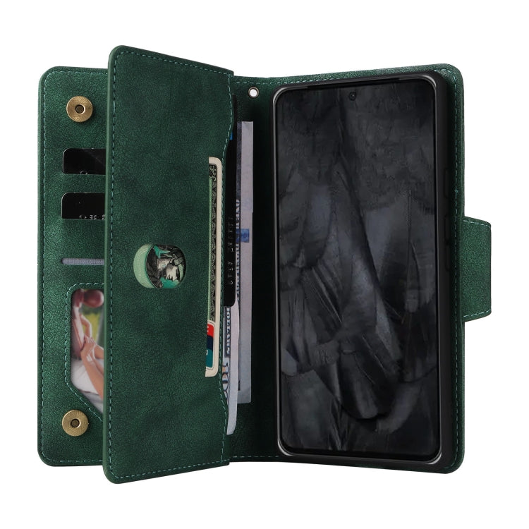 For Google Pixel 8 Pro Rivet Buckle 9 Cards Three Fold Leather Phone Case(Green) - Google Cases by PMC TechLife | Online Shopping South Africa | PMC TechLife | Buy Now Pay Later Mobicred