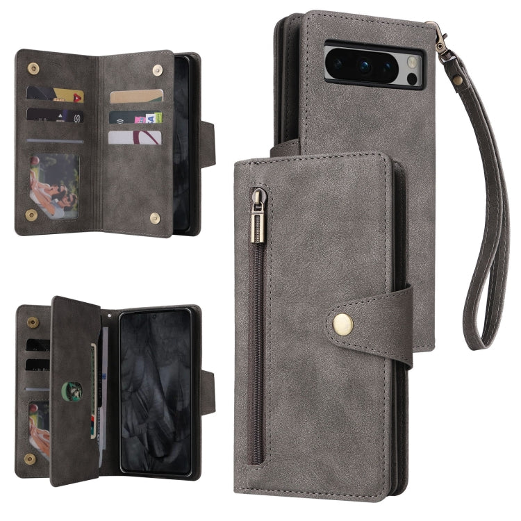 For Google Pixel 8 Pro Rivet Buckle 9 Cards Three Fold Leather Phone Case(Grey) - Google Cases by PMC TechLife | Online Shopping South Africa | PMC TechLife | Buy Now Pay Later Mobicred