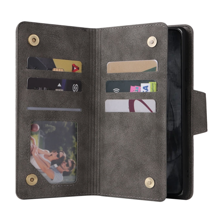 For Google Pixel 8 Pro Rivet Buckle 9 Cards Three Fold Leather Phone Case(Grey) - Google Cases by PMC TechLife | Online Shopping South Africa | PMC TechLife | Buy Now Pay Later Mobicred