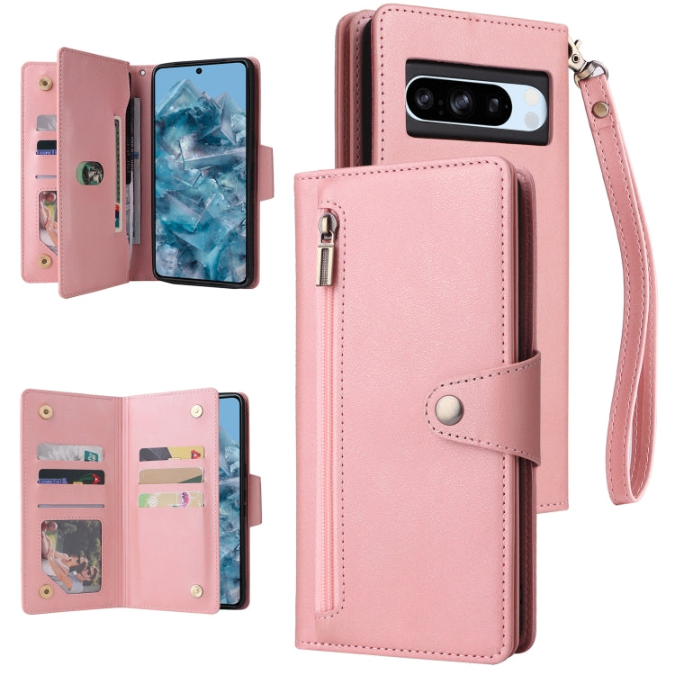 For Google Pixel 8a Rivet Buckle 9 Cards Three Fold Leather Phone Case(Rose Gold) - Google Cases by PMC TechLife | Online Shopping South Africa | PMC TechLife | Buy Now Pay Later Mobicred
