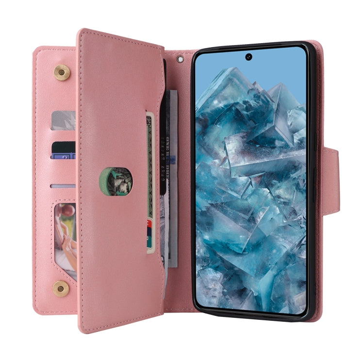 For Google Pixel 8a Rivet Buckle 9 Cards Three Fold Leather Phone Case(Rose Gold) - Google Cases by PMC TechLife | Online Shopping South Africa | PMC TechLife | Buy Now Pay Later Mobicred