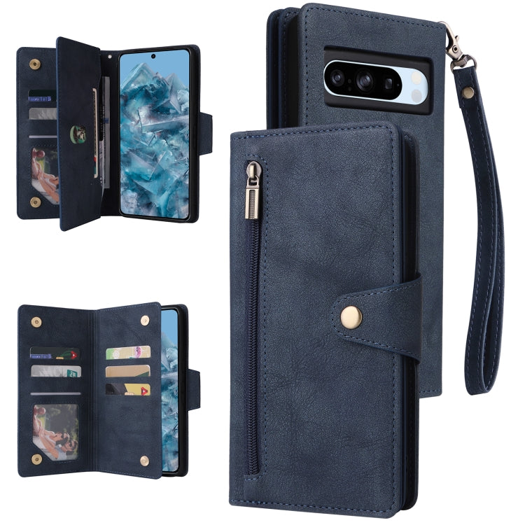 For Google Pixel 8a Rivet Buckle 9 Cards Three Fold Leather Phone Case(Blue) - Google Cases by PMC TechLife | Online Shopping South Africa | PMC TechLife | Buy Now Pay Later Mobicred