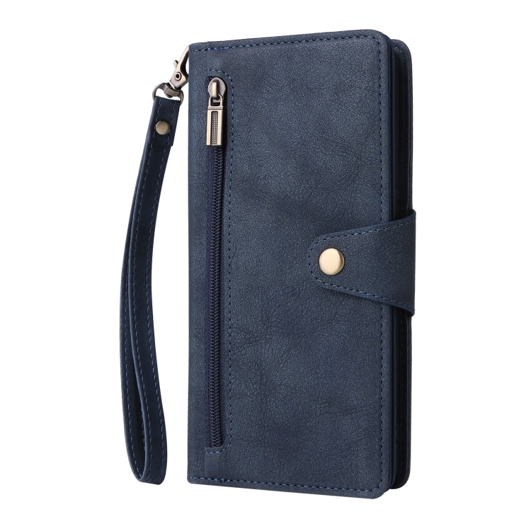 For Google Pixel 8a Rivet Buckle 9 Cards Three Fold Leather Phone Case(Blue) - Google Cases by PMC TechLife | Online Shopping South Africa | PMC TechLife | Buy Now Pay Later Mobicred