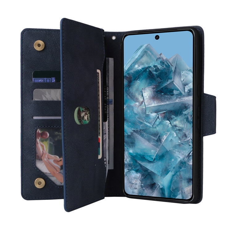 For Google Pixel 8a Rivet Buckle 9 Cards Three Fold Leather Phone Case(Blue) - Google Cases by PMC TechLife | Online Shopping South Africa | PMC TechLife | Buy Now Pay Later Mobicred