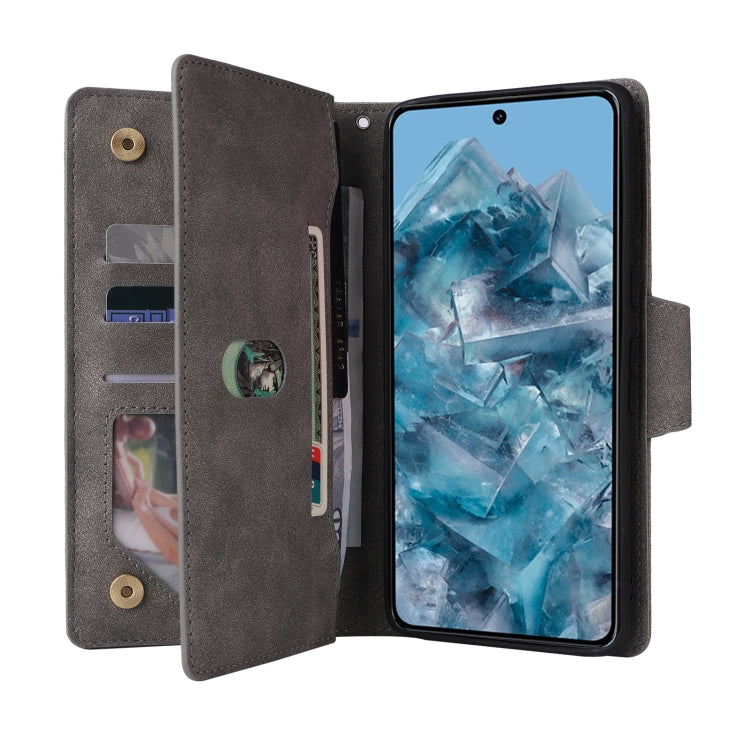 For Google Pixel 8a Rivet Buckle 9 Cards Three Fold Leather Phone Case(Grey) - Google Cases by PMC TechLife | Online Shopping South Africa | PMC TechLife | Buy Now Pay Later Mobicred