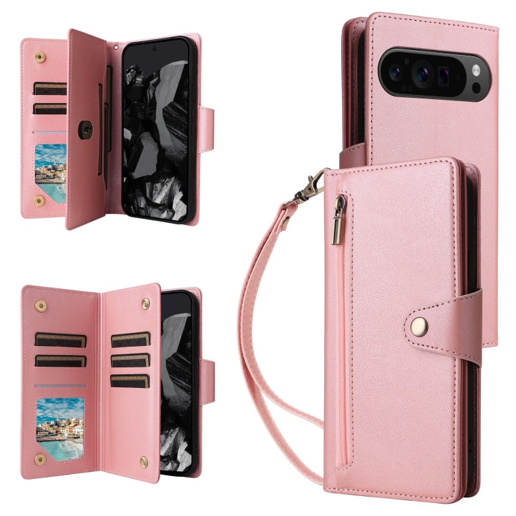 For Google Pixel 9 Pro Rivet Buckle 9 Cards Three Fold Leather Phone Case(Rose Gold) - free shipping - PMC TechLife - Order now!